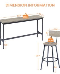Long Bar Table Set With 3 PU Upholstered Bar Stools, Industrial Bar Table And Chairs For Kitchen Breakfast Table, Living Room, Banquet Hall, Rustic Gray And Black, 63inL X15.7 W X 37.5 H