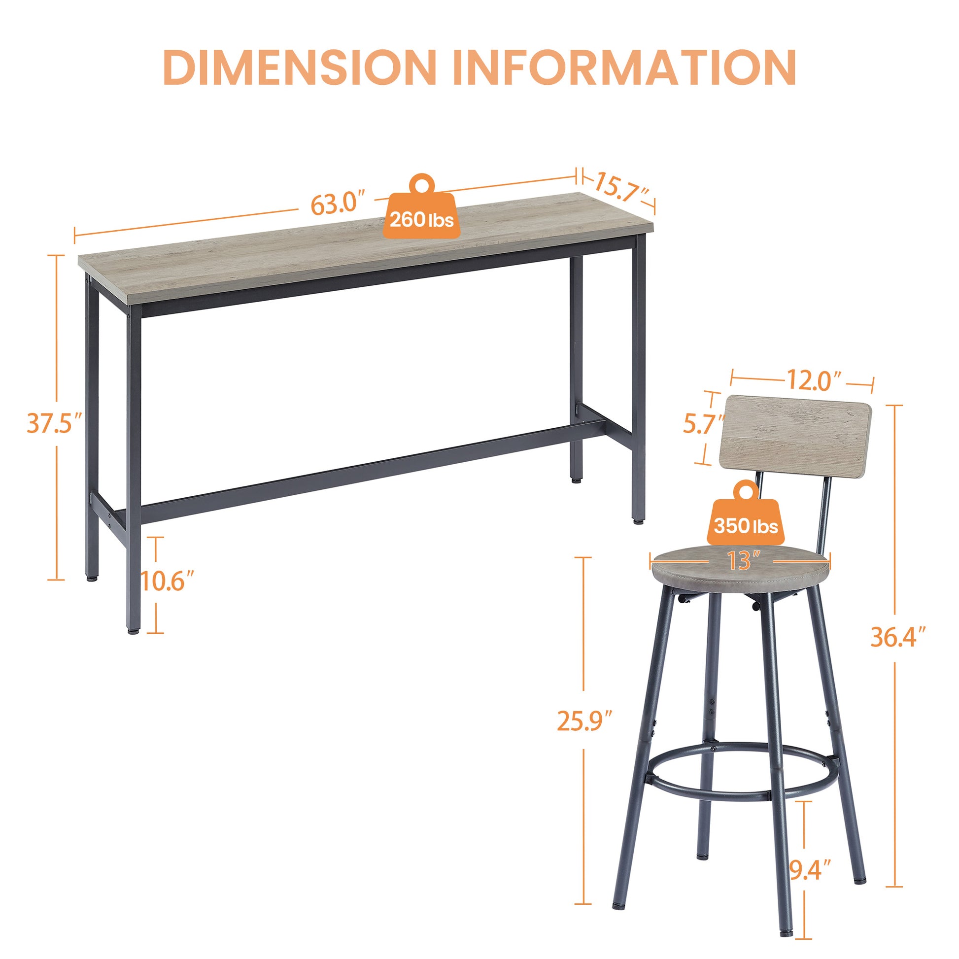 Long Bar Table Set With 3 PU Upholstered Bar Stools, Industrial Bar Table And Chairs For Kitchen Breakfast Table, Living Room, Banquet Hall, Rustic Gray And Black, 63inL X15.7 W X 37.5 H