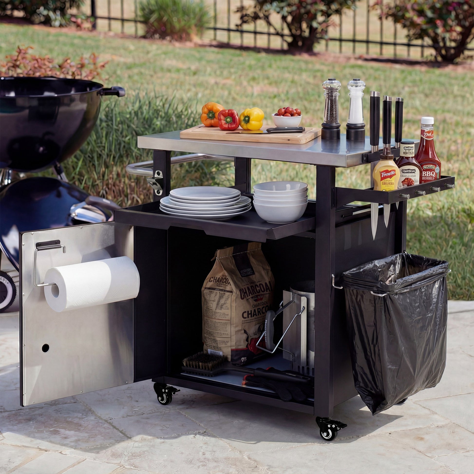 K&K 39.5  Outdoor Grill Cart With Storage Cabinet, Outdoor Bar Cart Pizza Oven Table With Wheels, Stainless Steel Top, Outdoor Kitchen Island With Spice & Paper Rack For BBQ, Waterproof Cover Included