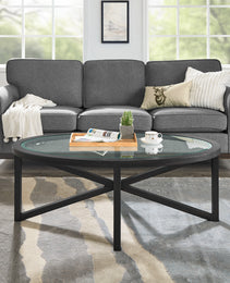 Modern Simple Glass Coffee Table, Tempered Glass Coffee Table Solid Wood Base Round Transparent Glass Top Modern Living Room Terrace Study Coffee Table