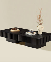 2PCS Set 31.5 Inch Modern Handcraft Drum Coffee Table Square Coffee Table For Living Room,Small Wooden Coffee Table With Sturdy MDF Pedesta,Black Color