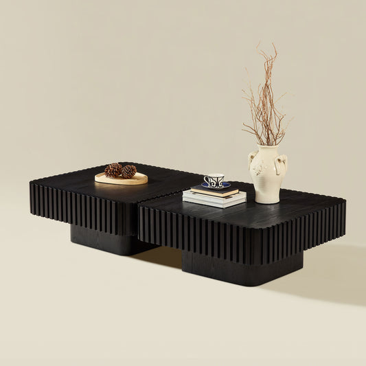 2PCS Set 31.5 Inch Modern Handcraft Drum Coffee Table Square Coffee Table For Living Room,Small Wooden Coffee Table With Sturdy MDF Pedesta,Black Color
