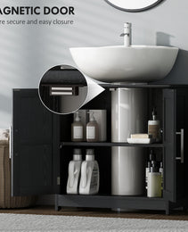 Farmhouse Pedestal Sink Storage Cabinet, Bathroom Sink Cabinet with 2 Barn Doors and Adjustable Shelf, Distressed Black