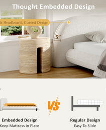 King Size Bed Frame With Boucle Fabric, Upholstered Platform Bed With Curve-Shaped Design & Thick Headboard, White