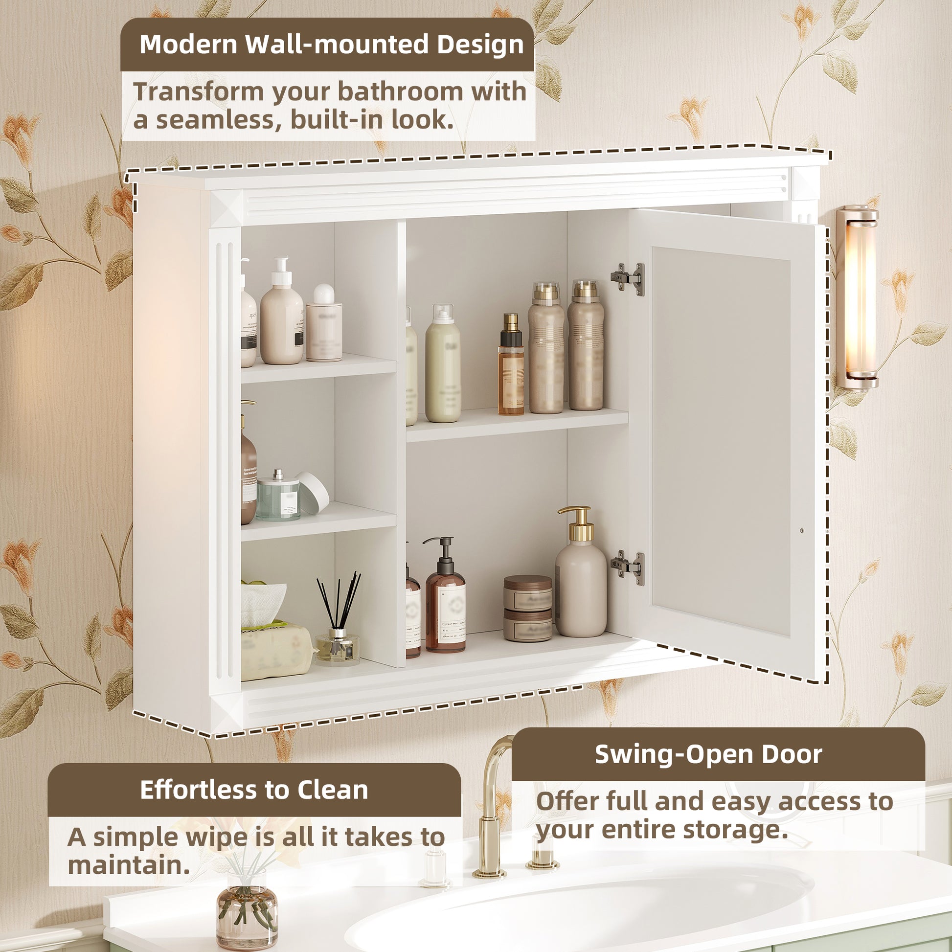 42 Wall Mounted Bathroom Storage Cabinet, Medicine Cabinet, Modern Bathroom Wall Cabinet With Mirror, Mirror Cabinet With 6 Open Shelves Not Include Bathroom Vanity