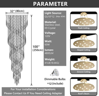 98'' Modern Crystal Chandelier High Ceiling Chandeliers for Entryway Large Raindrop Chandeliers LED Dimmable Flush Mount Light Fixtures for Staircaes Foyer Hallway Living Room LED Bulbs Included Gold