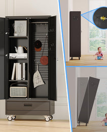 Broom Closet Storage Cabinet With Wheels And Drawer,Garage Storage Cabinet With Magnetic Doors,Pegboard And Adjustable Shelves For Garage Home Office,Required Assembly,Black
