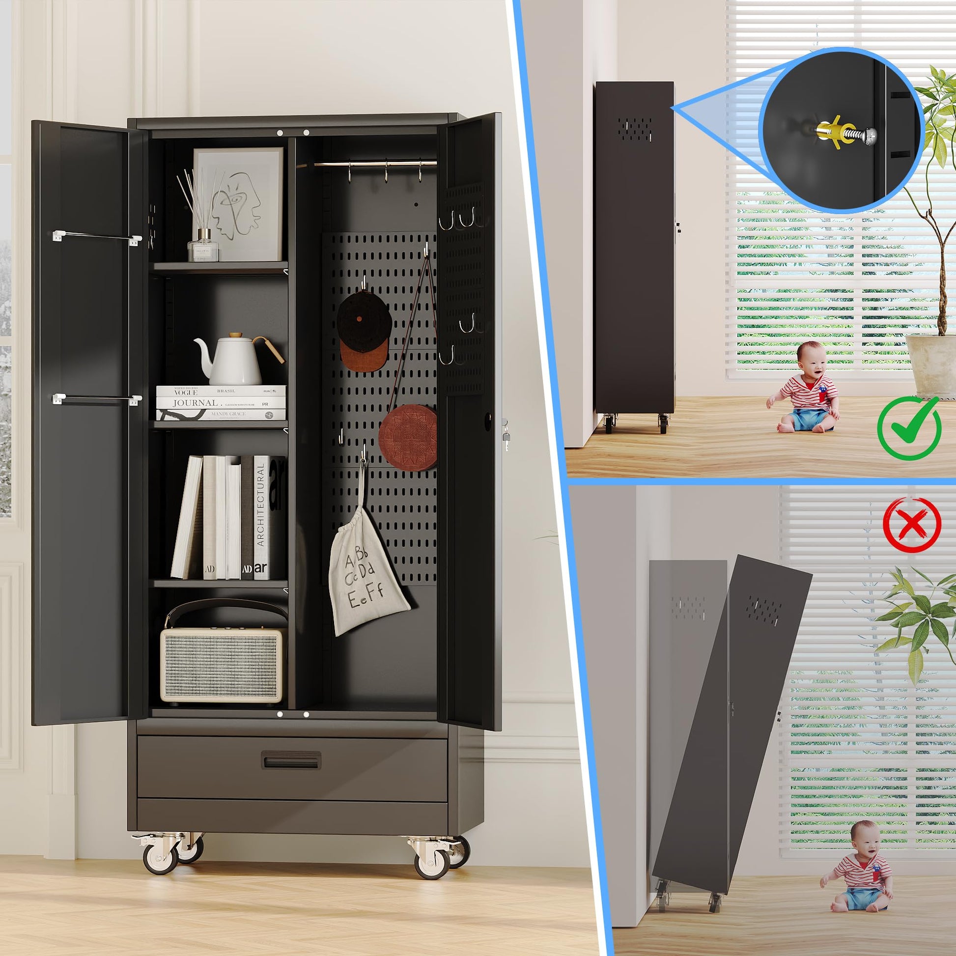 Broom Closet Storage Cabinet With Wheels And Drawer,Garage Storage Cabinet With Magnetic Doors,Pegboard And Adjustable Shelves For Garage Home Office,Required Assembly,Black