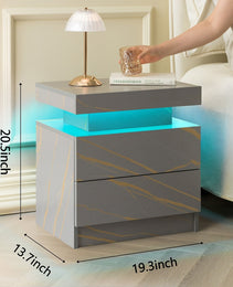 Nightstand LED Bedside Table Cabinet Lights Modern End Side With 2 Drawers For Bedroom Grey Gold