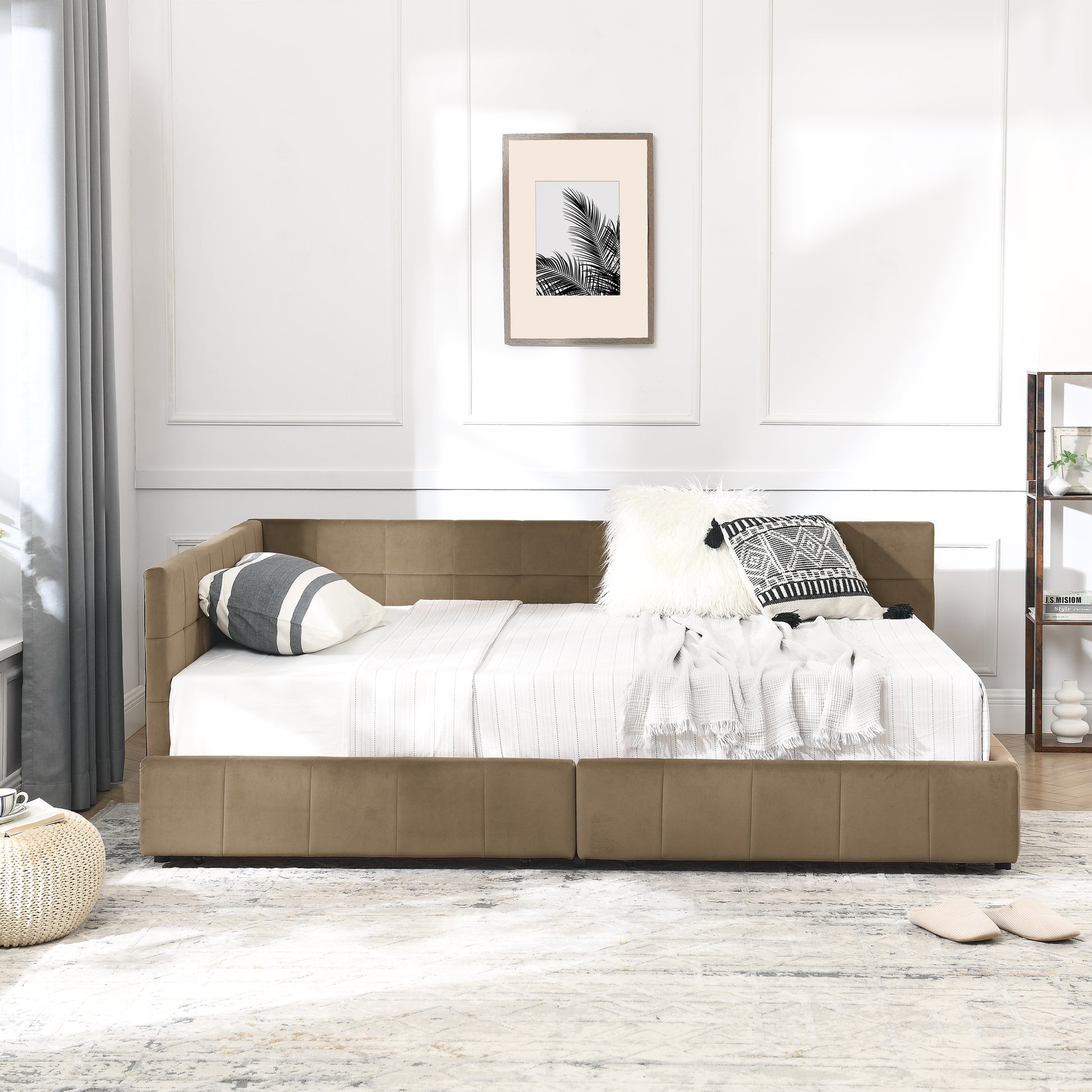 Full Size Storage Upholstered Tufted Bed Frame, Sofa Bed Frame With Comfortable Backrest And Armrests, Full Size Bed For Bedroom, Living Room,Velvet, BROWN 80.5x59x29.5