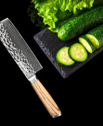 Qulajoy Nakiri Chef Knife 6.5 Inch - Professional Japanese 67 Layers Damascus VG-10 Steel - Hammered Vegetable Cutting Knife - Zebrawood Handle With Sheath