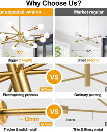 Height Adjustable Brushed Gold 12 Light Chandeliers