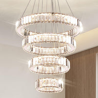 4 Ring Modern Long Crystal Pendant Chandelier for High Ceilings Warm White
