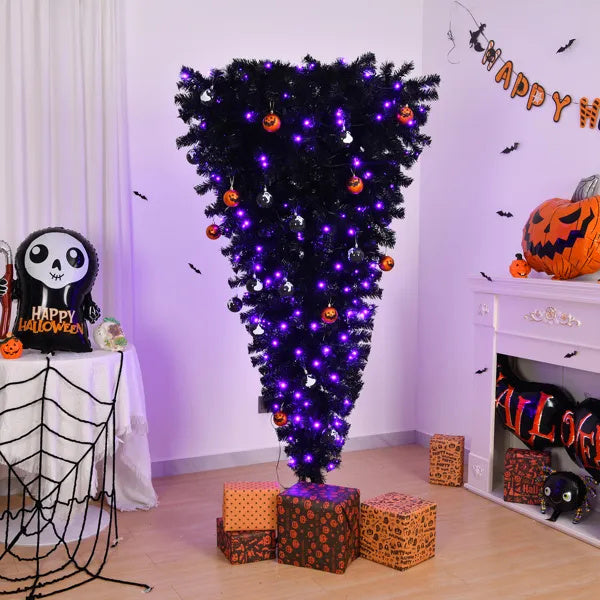 6 FT Pre-lit Upside Down Artificial Christmas Tree, Black Halloween Tree With 250 Purple Lights And Pumpkin & Skull Ornaments - CJDS - FC