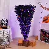 6 FT Pre-lit Upside Down Artificial Christmas Tree, Black Halloween Tree With 250 Purple Lights And Pumpkin & Skull Ornaments - CJDS - FC