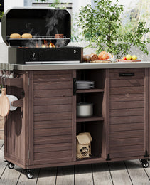 K&K 78.3  Outdoor Kitchen Island With Foldable Grill Table, Wooden Outdoor Grill Cart With Trash Can Storage & Stainless Steel Top, Outdoor Bar Cart, Pizza Oven Table For Lawn & Garden, Dark Brown