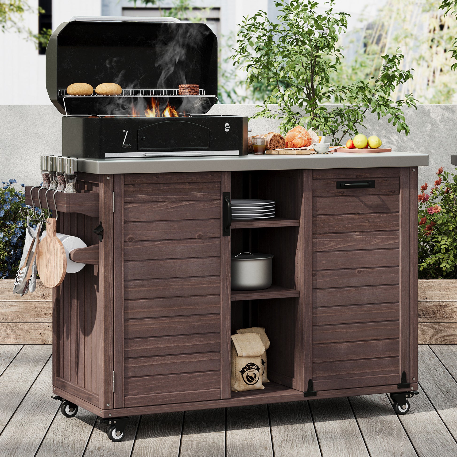 K&K 78.3  Outdoor Kitchen Island With Foldable Grill Table, Wooden Outdoor Grill Cart With Trash Can Storage & Stainless Steel Top, Outdoor Bar Cart, Pizza Oven Table For Lawn & Garden, Dark Brown