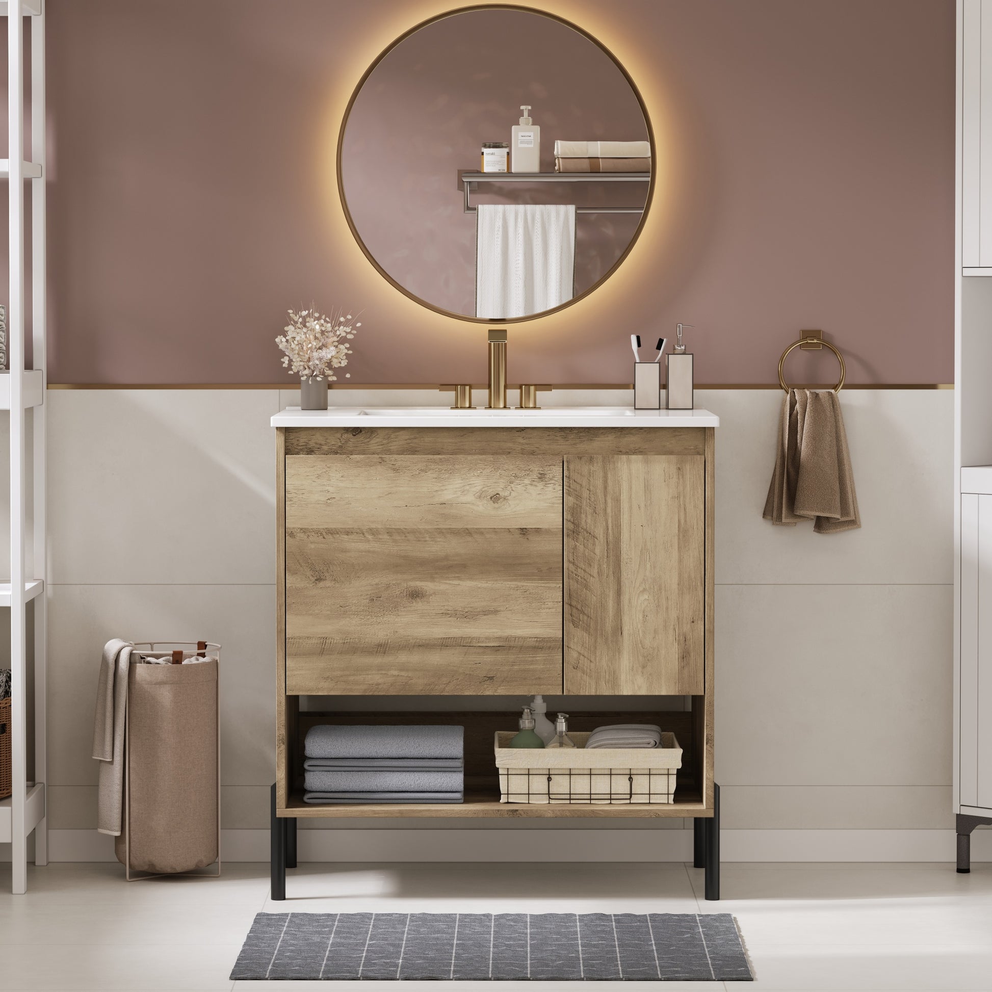 30 Modern Wood Fixture Bathroom Vanity, Bathroom Cabinet With Sliding Drawer, Bathroom Storage Cabinet With Ceramic Basin Sink Top, Single Bathroom Vanities Cabinet With Doors And Open Shelf