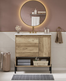 30 Modern Wood Fixture Bathroom Vanity, Bathroom Cabinet With Sliding Drawer, Bathroom Storage Cabinet With Ceramic Basin Sink Top, Single Bathroom Vanities Cabinet With Doors And Open Shelf