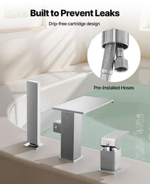 Roman Tub Faucet, 3 Hole Waterfall Bathtub Faucet, Roman Bathtub Faucets Set With Shower Head & 1 Handle, Deck Mount Bath Tub Faucets Set For Adult Bathing, Brushed Stainless Steel, Drip-Free