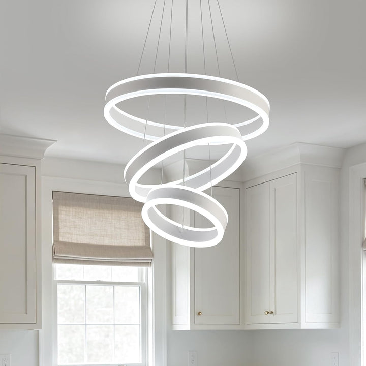 Modern LED Chandeliers Adjustable Hanging White Pendant Light Fixture 3 Ring Flush Mount Chandeliers for Bedroom,Kitchen,Island Cafe