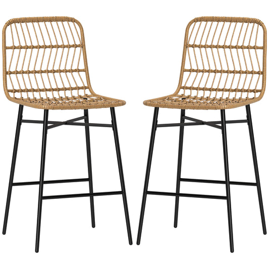 Rattan Counter Bar Stools Set Of 2, 26 Counter Height Barstools With Back, Bar Chairs For Kitchen Island, Brown