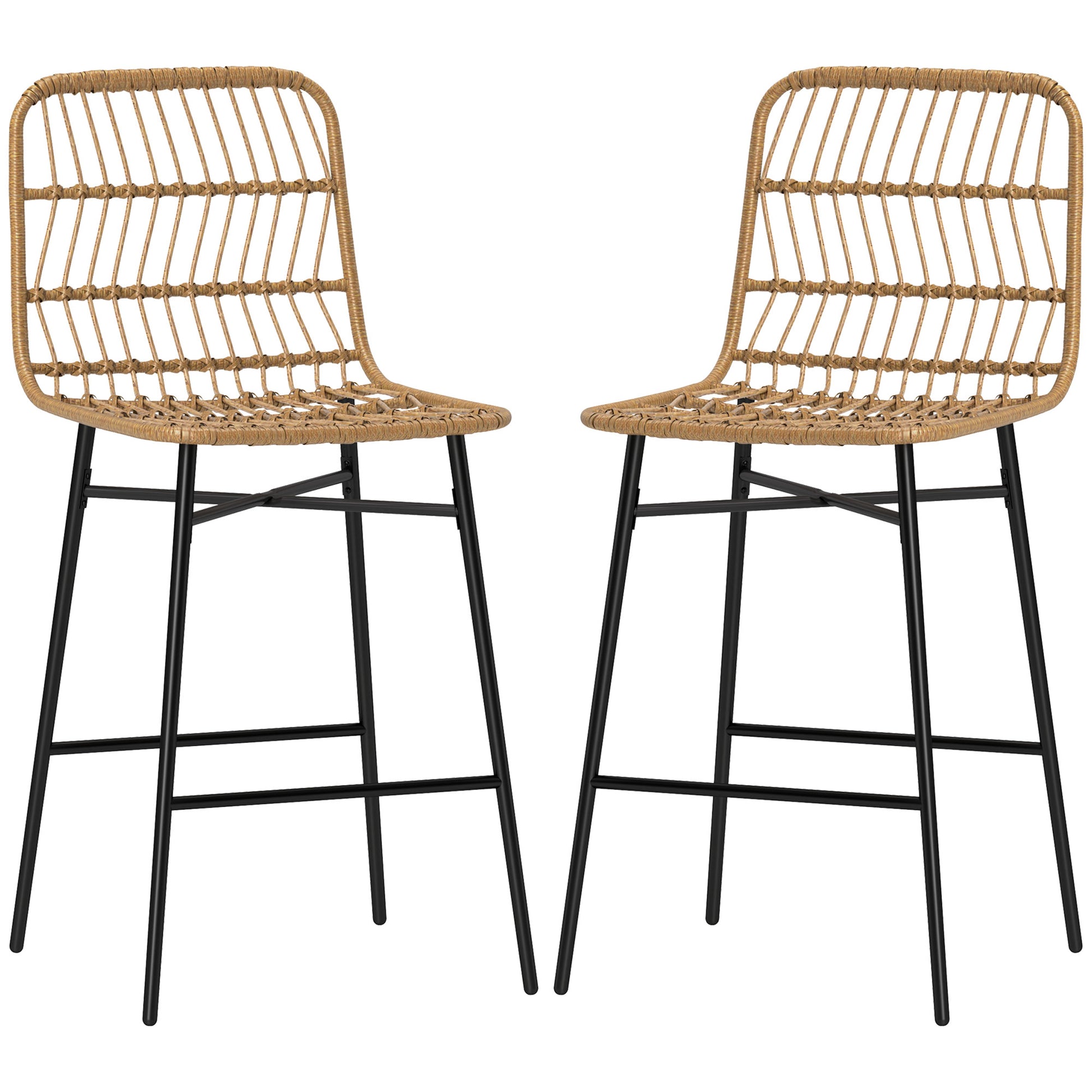 Rattan Counter Bar Stools Set Of 2, 26 Counter Height Barstools With Back, Bar Chairs For Kitchen Island, Brown