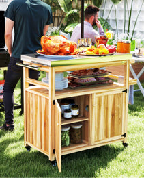 Outdoor Grill Cart w/ Stainless Steel Top, Solid Wood Outdoor Kitchen Island w/ Wheels, Storage Cabinets, Natural Wood