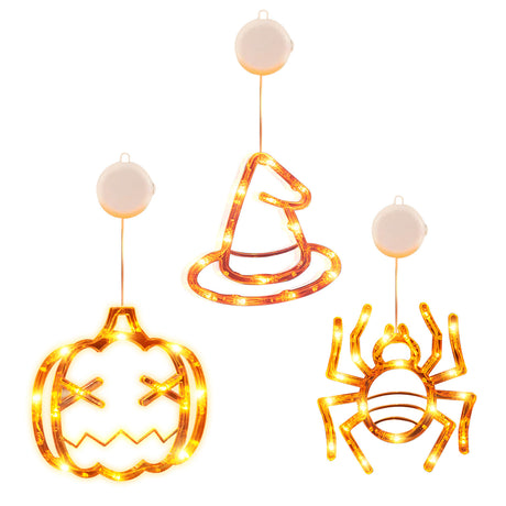 Set Of 3 Pack Halloween Window Light Spider Witch Hat Pumpkin With Orange Light Hanging Halloween Decoration Light With Suction Cup Hanging Holes - CJDS - FC