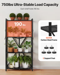 4-Tier Foldable Storage Shelf, 28W X 13D X 54H Inch Folding Metal Rack Shelving Unit, No Assembly Organizer Shelf With 5 Wheels & 4 Hooks For Pantry, Kitchen, Garage, Basement, Black