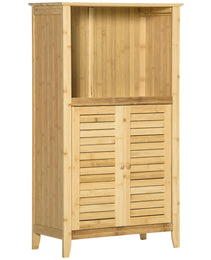 Bamboo Floor Cabinet Bathroom Floor Cabinet Living Room Organizer Tower with Multiple Shelves and Doors, Natural