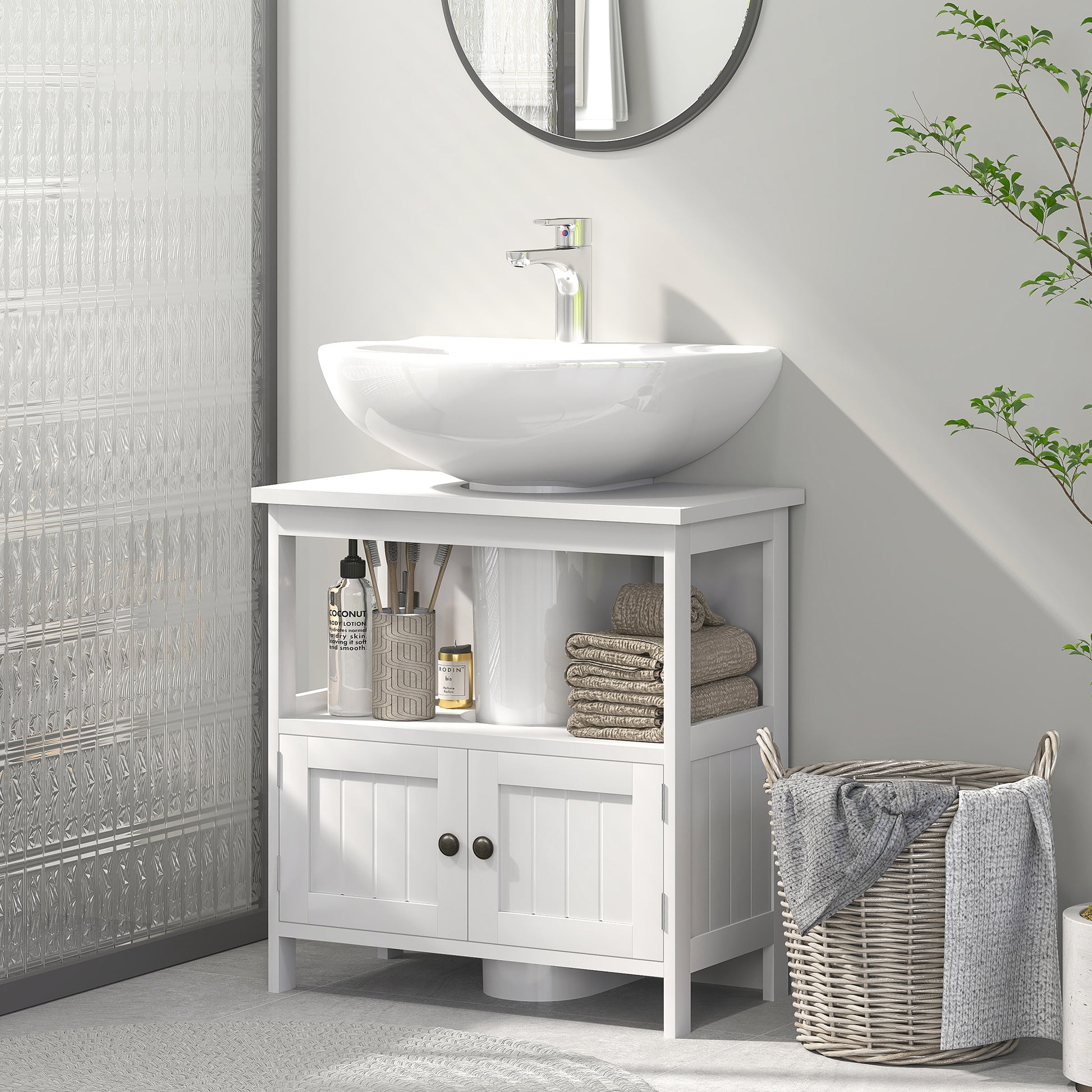 Pedestal Sink Storage Cabinet, Bathroom Under Sink Cabinet with 2 Doors and Open Shelf, Bathroom Vanity, White