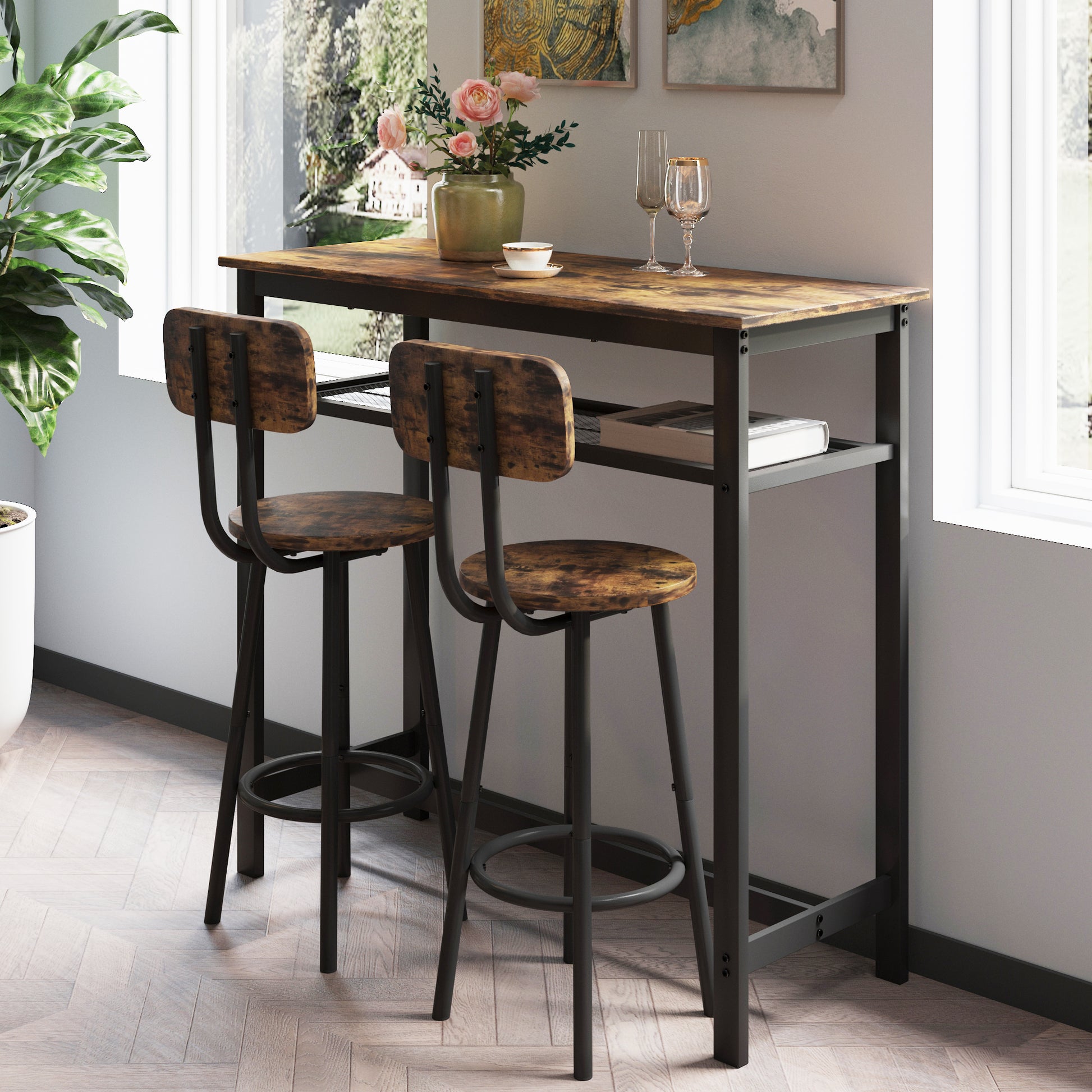 Bar Table, Equipped With 2 Bar Stools , With Backrest And Partition Rustic Brown
