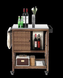 Outdoor Wicker Bar Cart, Patio Wine Serving Cart, Rolling Rattan Beverage Bar Counter Table