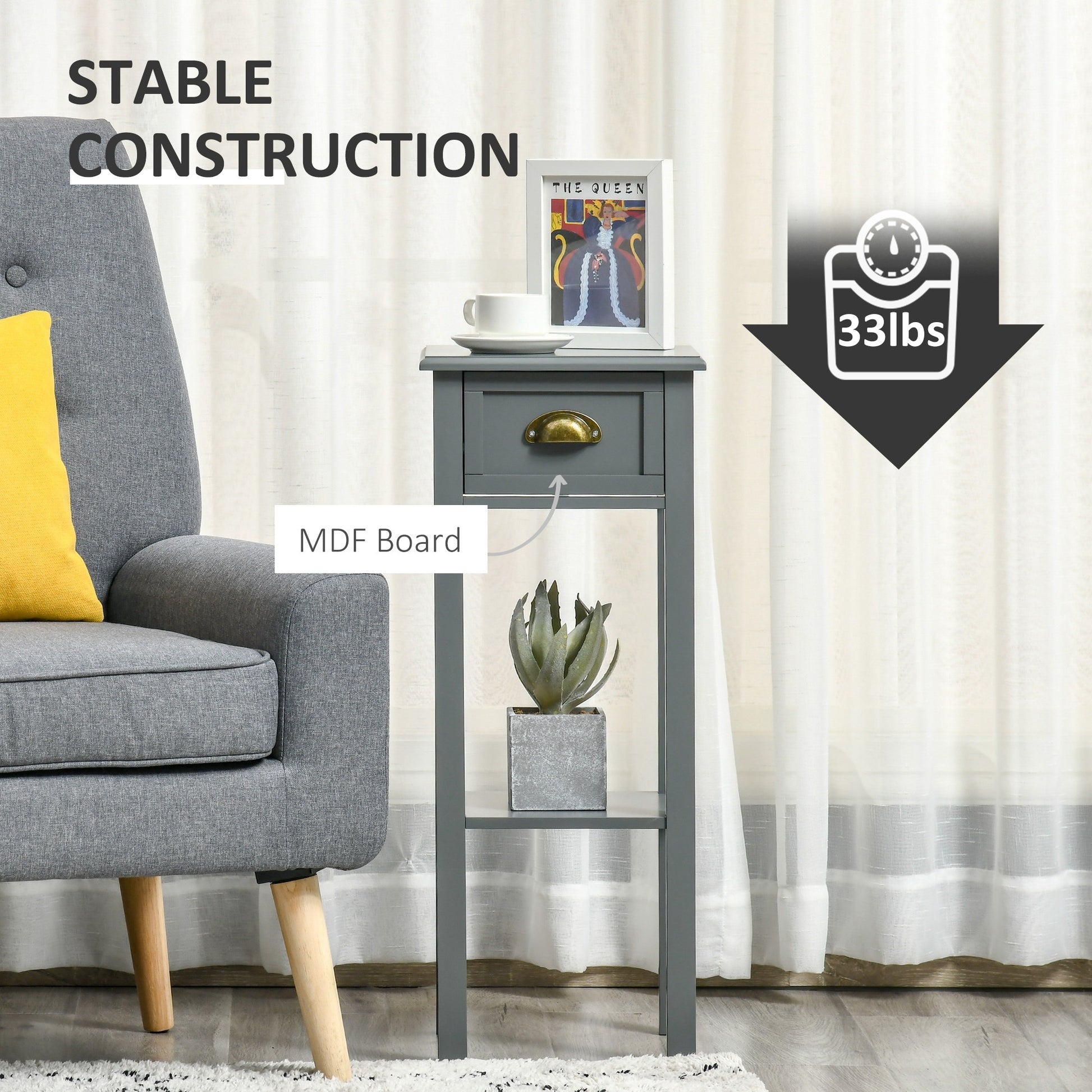 2-Tier Tall Side Table, Nightstand End Table W/ Drawer & Bottom Shelf For Living Room, Bedroom, Gray