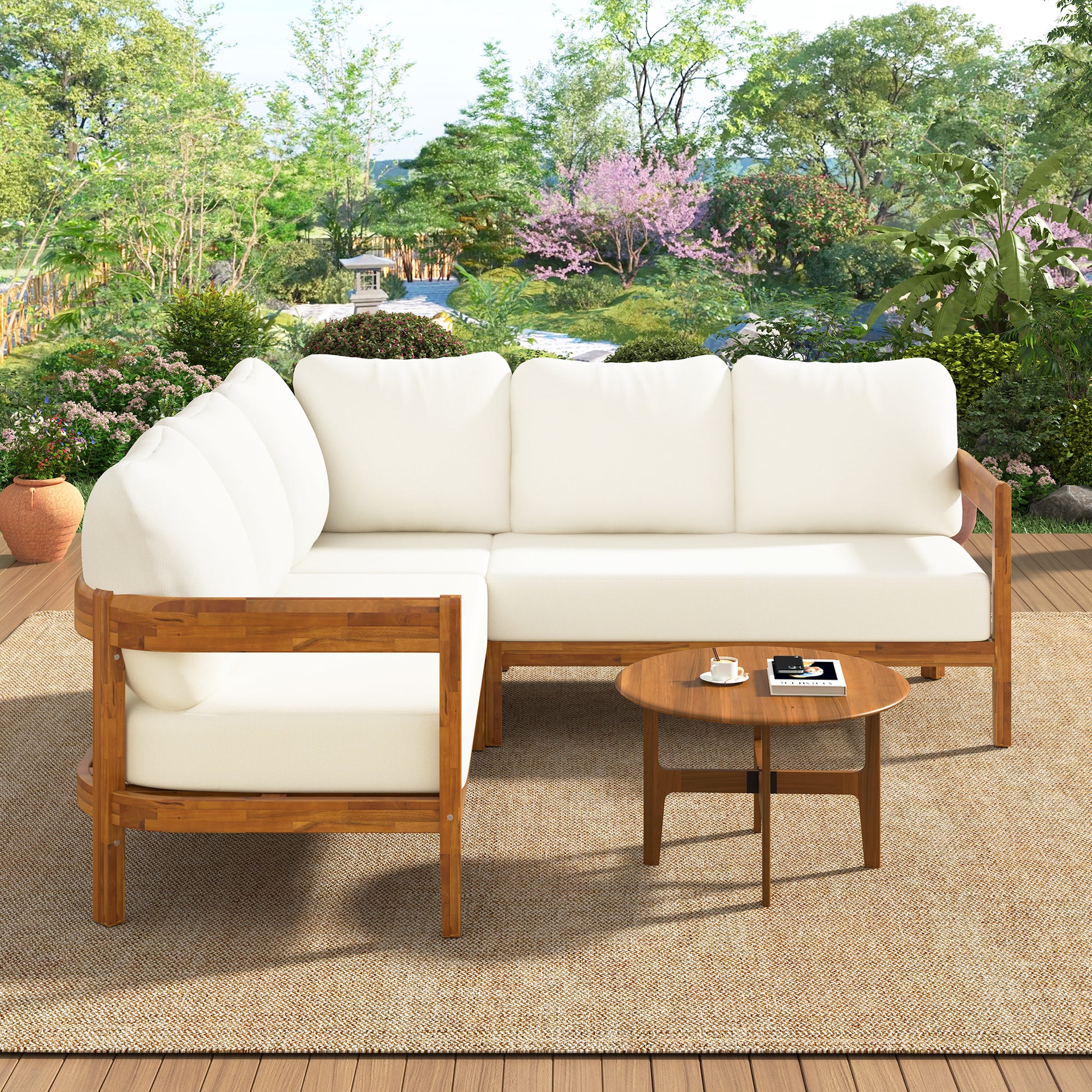 U-Style Acacia Solid Wood Patio Furniture Set  Outdoor Patio Conversation Furniture Set With 6 Soft Seat Cushions And Backpack   All Weather Outdoor Patio Sofa With Arc Frame  For Backyard  Garden.