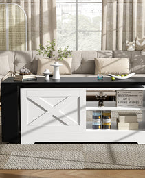 U-Can Farmhouse  Lift Top Coffee Table With Barn Doors, Wood Rectangle Center Table With Large Hidden Storage Space And Open Cabinet, For Living Room, Bedroom, Home Office