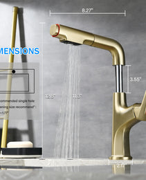 Brushed Gold Pull-Down Vessel Faucet - Single Hole Bathroom Sink Faucet With Lift Spout & Dual Spray Modes