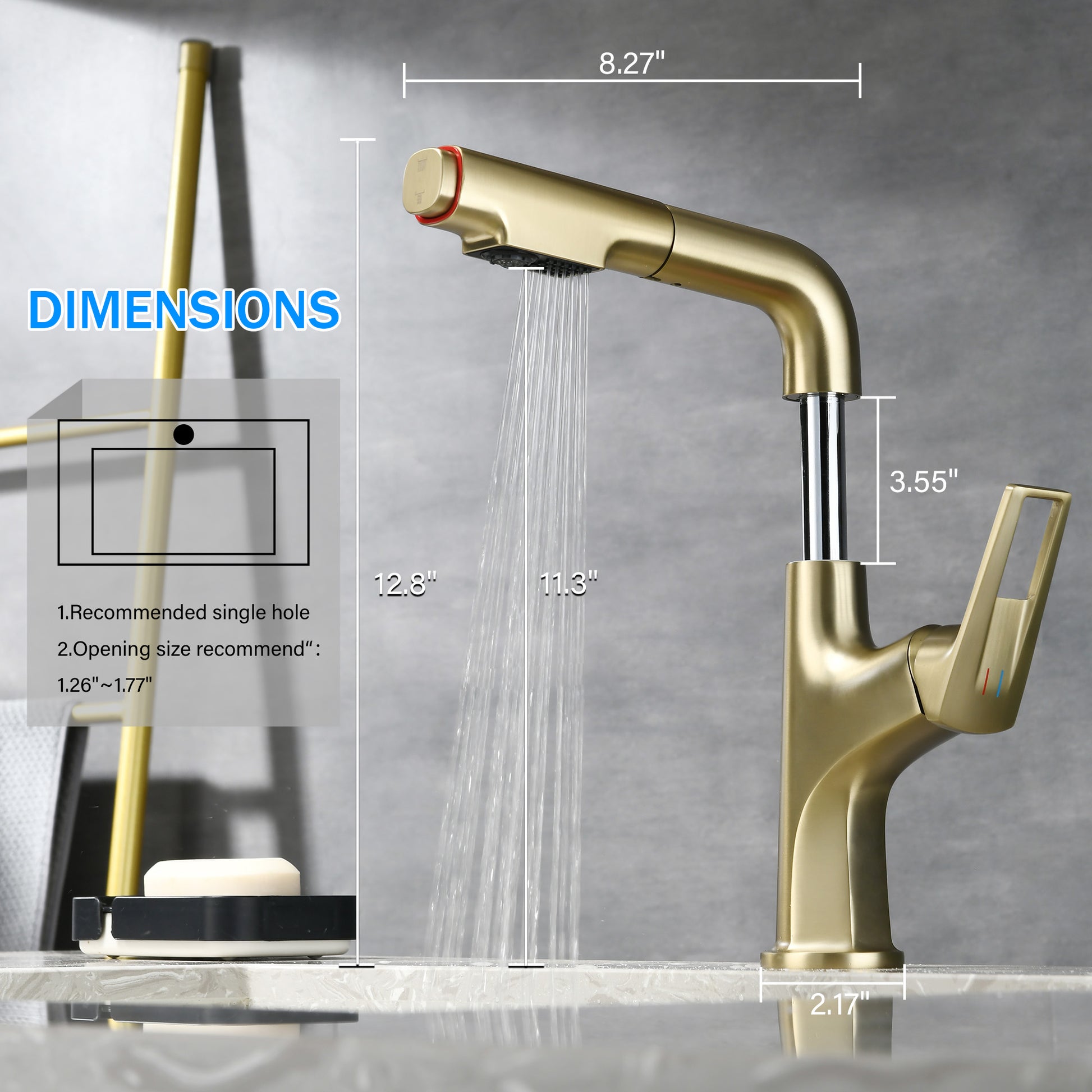 Brushed Gold Pull-Down Vessel Faucet - Single Hole Bathroom Sink Faucet With Lift Spout & Dual Spray Modes