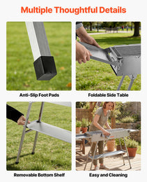 Foldable Charcoal Grill, 250 Sq.in. Portable Charcoal Barbecue Grill With Liftable Charcoal Tray & Side Tables, Brushed Stainless Steel BBQ Cooking Grills For Outdoor Camping Back Yard Parties