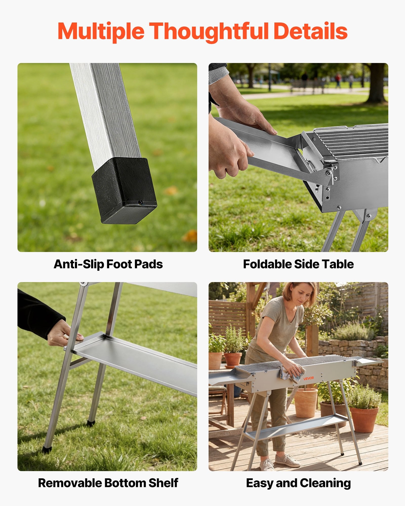 Foldable Charcoal Grill, 250 Sq.in. Portable Charcoal Barbecue Grill With Liftable Charcoal Tray & Side Tables, Brushed Stainless Steel BBQ Cooking Grills For Outdoor Camping Back Yard Parties