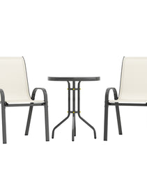 3 Pieces Bistro Set, Small Patio Furniture Set With Stackable Chairs And Glass Table For Backyard, Balcony, Beige