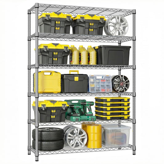 6 Tiers Storage Shelves Load 2100LBS, Metal Shelving Wire Metal Shelving Unit Shelves For Storage Adjustable Garage Shelving For Pantry Kitchen Garage Chrome 17.7  D X 47.3  W X 82.4  H