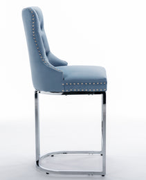26  Counter Height Bar Stools Set Of 2, Modern Velvet Barstools With Button Back&Rivet Trim Upholstered Kitchen Island Chairs With Sturdy Chromed Metal Base Legs Farmhouse Bar Stools,Light Blue,2 Pack