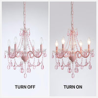 Plug in Crystal Pink Chandelier, Not Acrylic Crystal,Mini 4 Lights for Girls Room,Pink Crystals Hanging Pendant Light with Clear Cord and On/Off, Chandelier for Wedding, Kitchen, Dining,Foyer,Island
