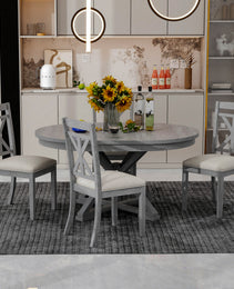 TREXM 5-Piece Retro Functional Dining Table Set Extendable Round Table And 4 Upholstered Chairs For Dining Room And Living Room Grey