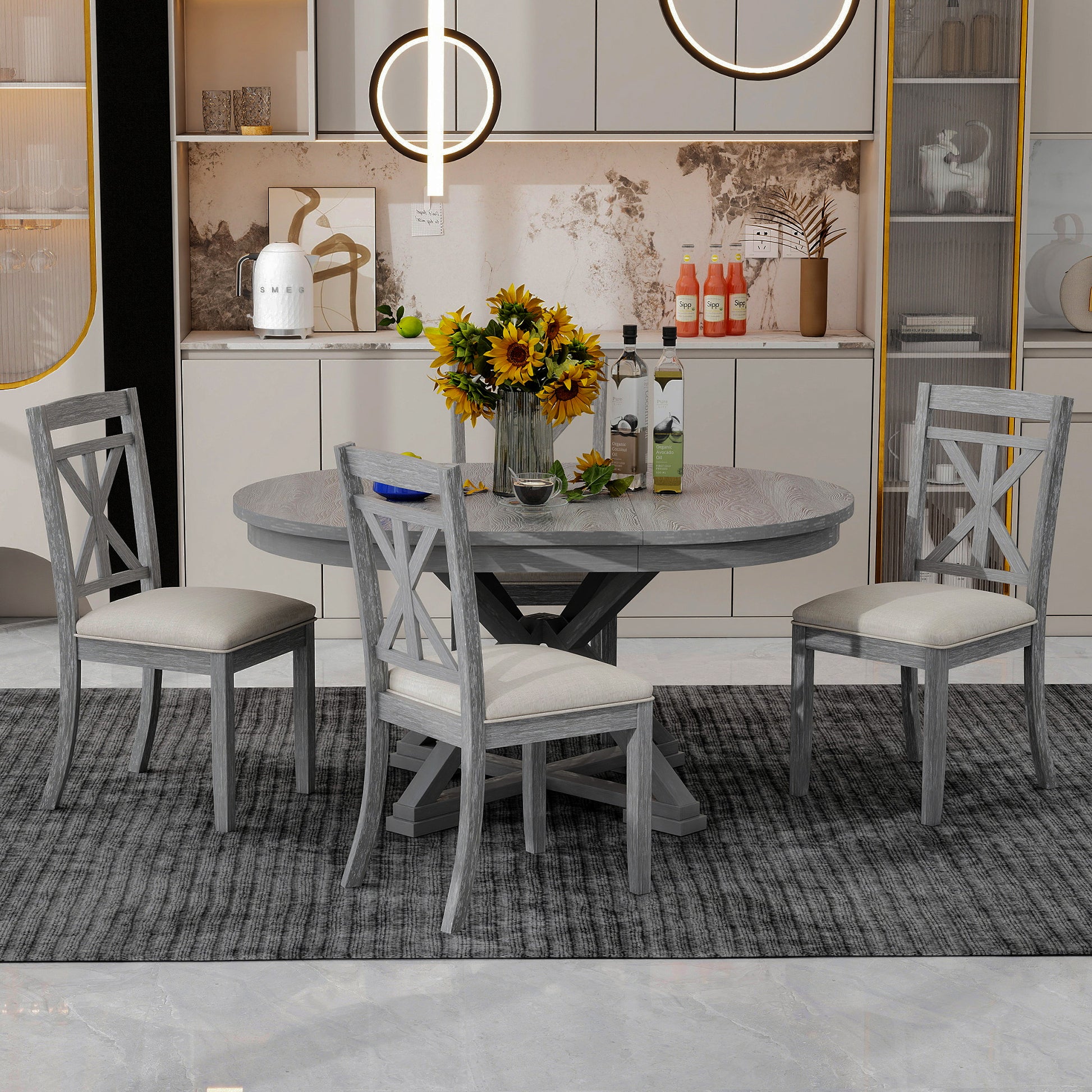 TREXM 5-Piece Retro Functional Dining Table Set Extendable Round Table And 4 Upholstered Chairs For Dining Room And Living Room Grey
