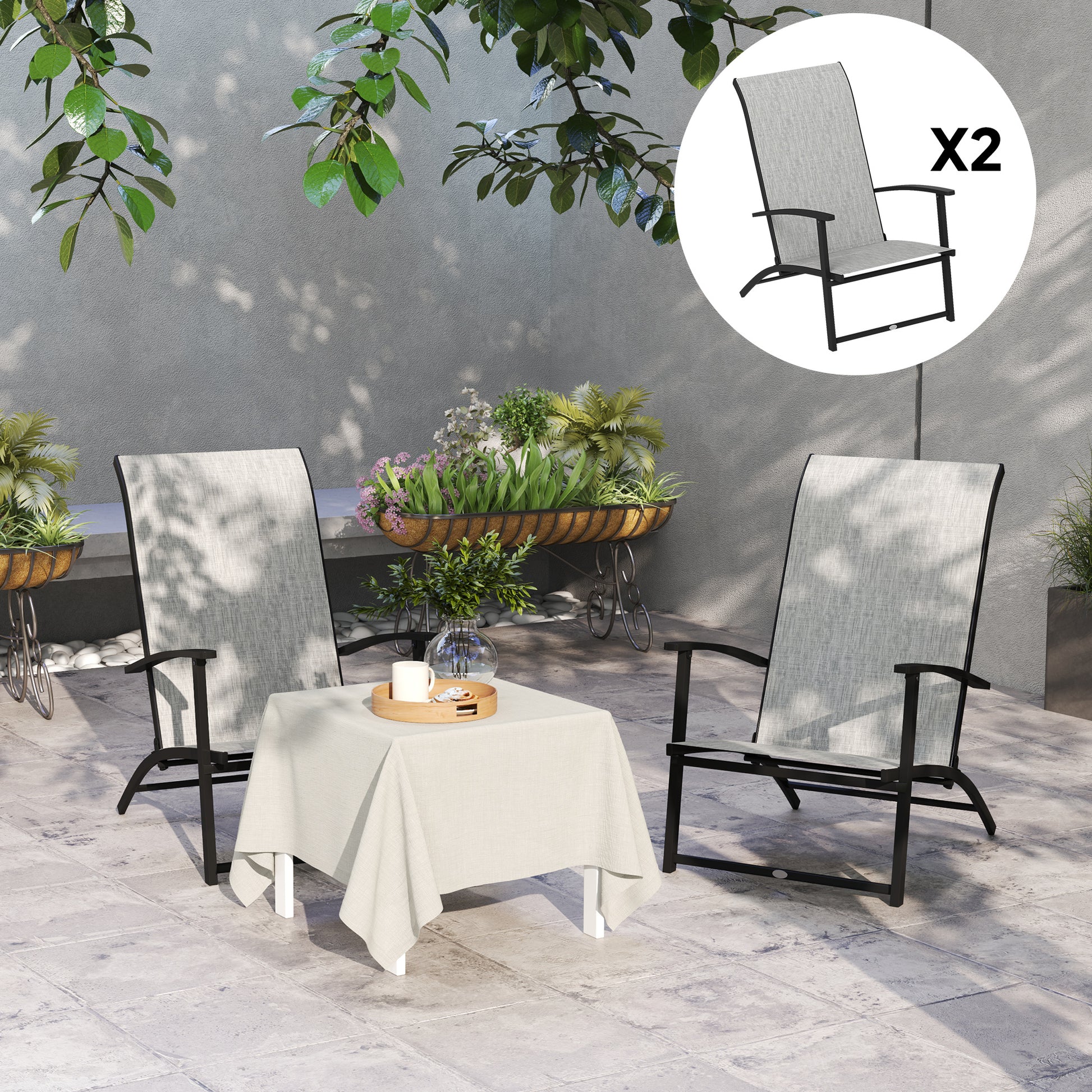 Set of 2 Outdoor Dining Chairs with High Back, Armrests, Folding Patio Chairs for Patio, Lawn, Camping, Gray