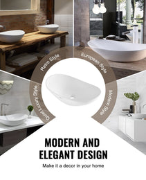 Oval Vessel Sink, 23.3" X 14.2" Bathroom Vessel Sink Bowl Countertop, White Ceramic Bathroom Sinks Above Counter, Bowl Sink With Modern Style, Well-Packaged For Bathroom, Hotel, Toilet, RV