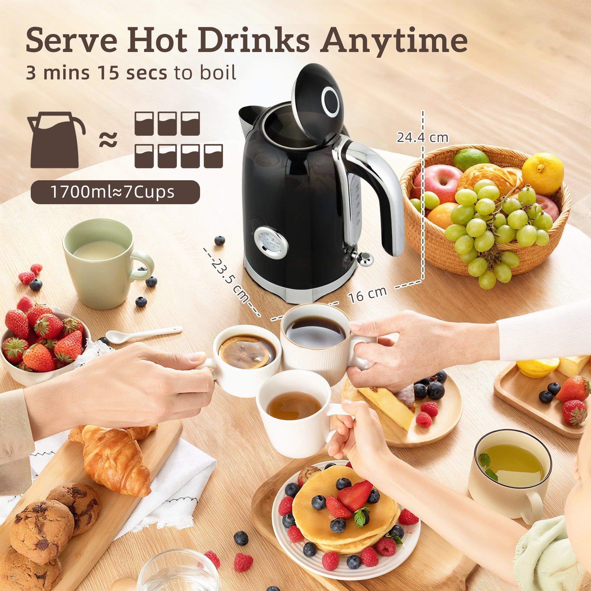 Retro Black Breakfast Set: 1.7L Rapid-Boil Kettle & 4-Slice Toaster – Vintage Curves with Real-Time Temperature Gauge